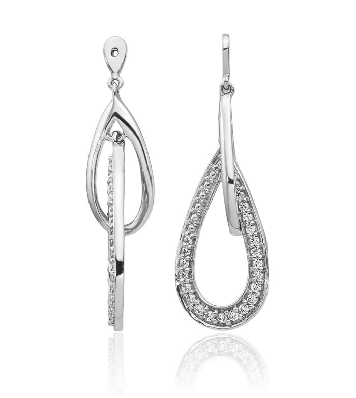 14K Solid White Gold Double Teardrop Dangle Diamond Earring Jackets for Studs