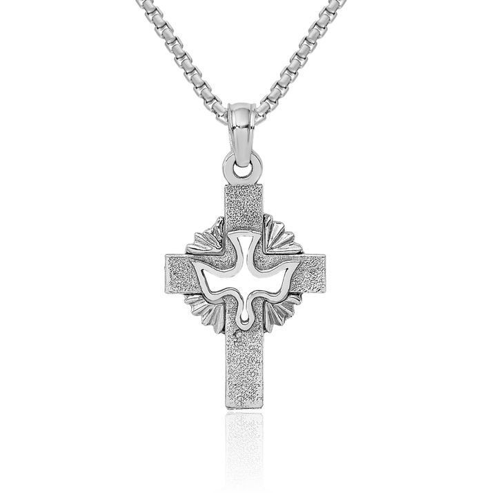 14K Solid White Gold Dove Symbol Peace Love Holy Spirit Cross Necklace Religious Chain Pendant Jesus Christ Charm