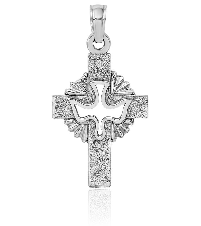 14K Solid White Gold Dove Symbol Peace Love Holy Spirit Cross Necklace Religious Chain Pendant Jesus Christ Charm