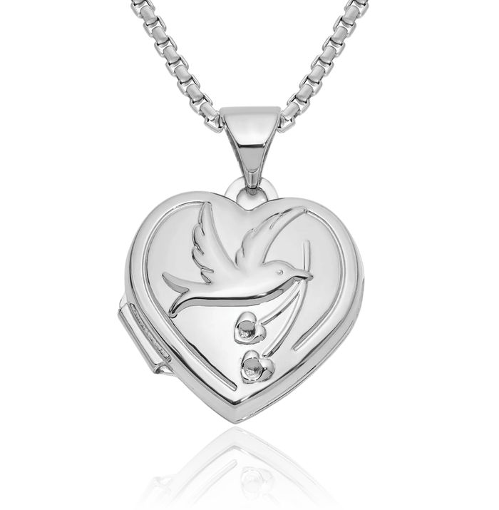 14K Solid White Gold Dove Symbol Peace Love Holy Spirit Together Forever Reversible Heart Personalized Photo Locket Necklace Religious Chain Pendant Christian Charm