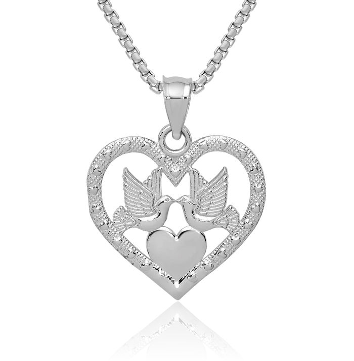 14K Solid White Gold Doves Heart Necklace Love Pendant Charm