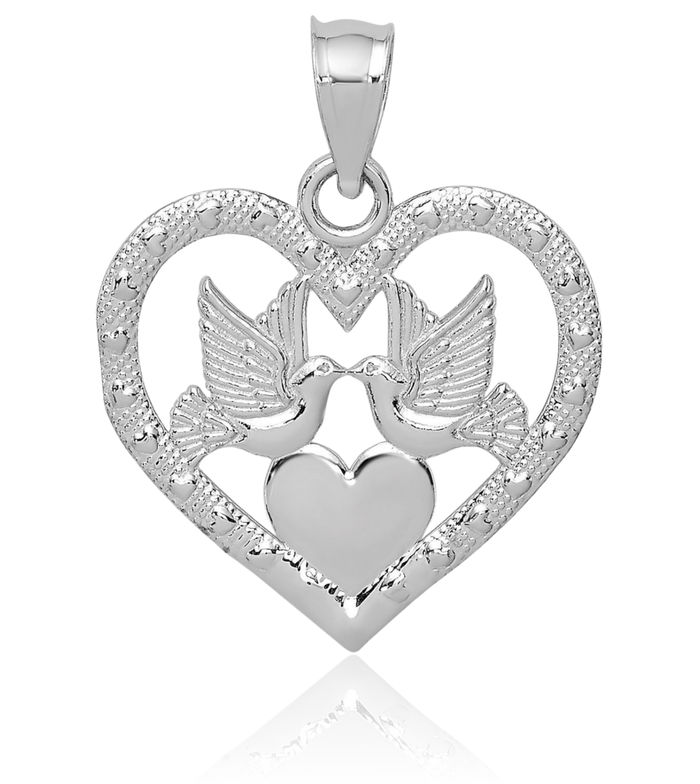 14K Solid White Gold Doves Heart Necklace Love Pendant Charm