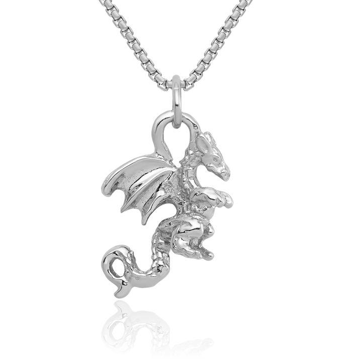 14K Solid White Gold Dragon Necklace Chain Pendant Charm