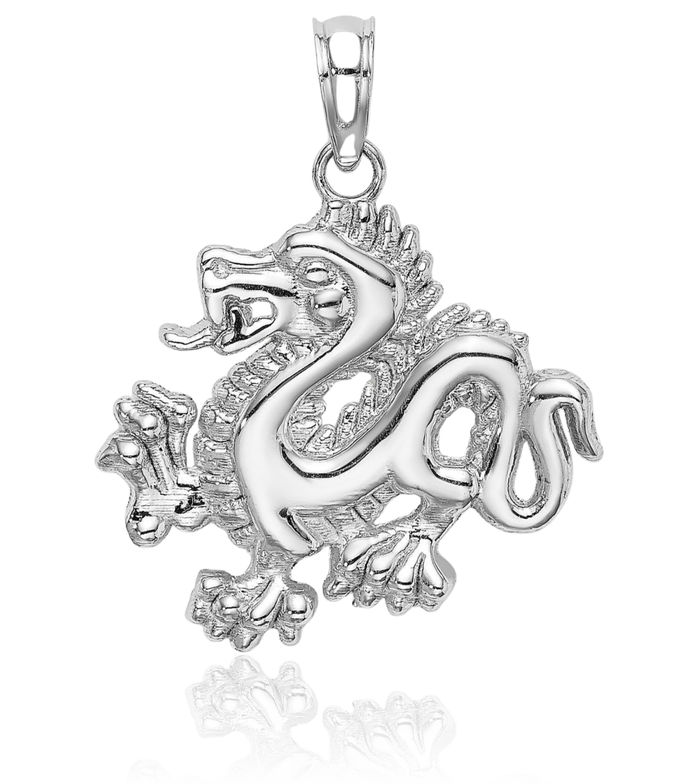 14K Solid White Gold Dragon Necklace Chain Pendant Charm