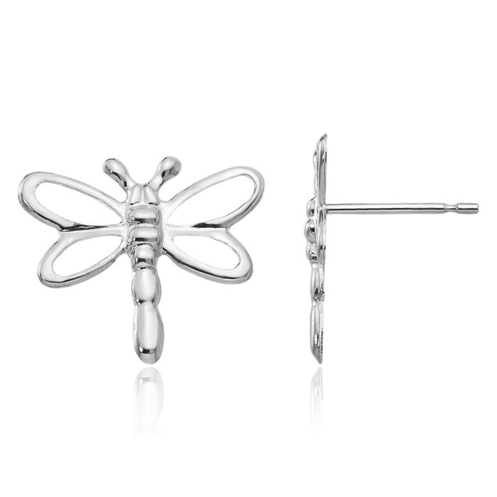 14K Solid White Gold Dragonfly Studs Earrings