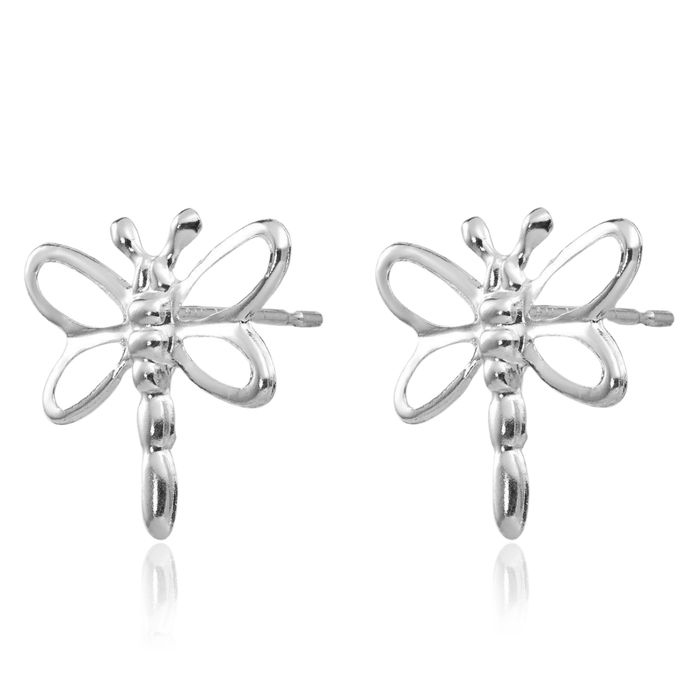 14K Solid White Gold Dragonfly Studs Earrings