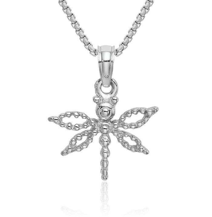 14K Solid White Gold Dragonfly Wings Necklace Chain Pendant Charm