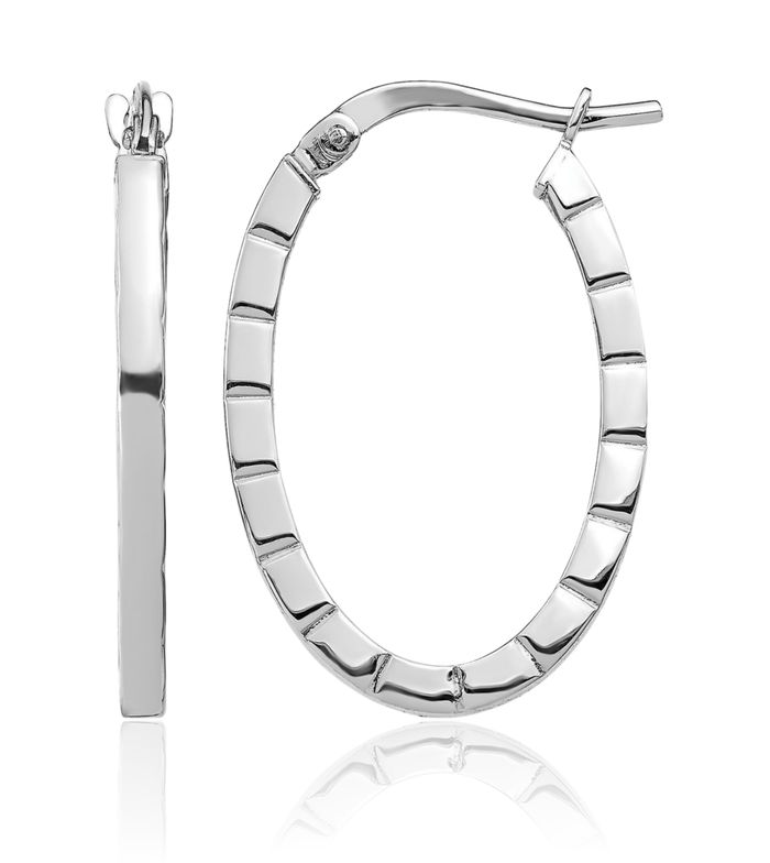 14K Solid White Gold Edge Oval Medium Hoop Earrings