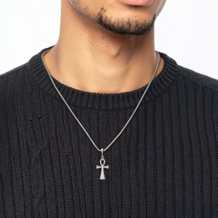 14K Solid White Gold Egyptian Ankh Cross Necklace