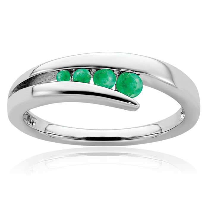 14K Solid White Gold Green Emerald 4 Stone Ring Gemstone Band May Birthstone Jewelry