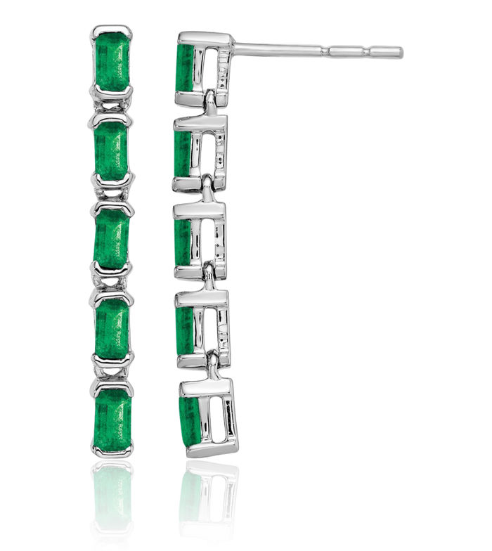 14K Solid White Gold Green Emerald 5 Stone Line Bar Drop Dangle Earrings