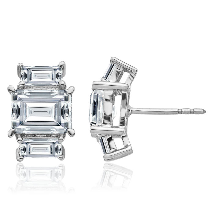 14K Solid White Gold Emerald-Cut 3 Stone Moissanite Stud Earrings