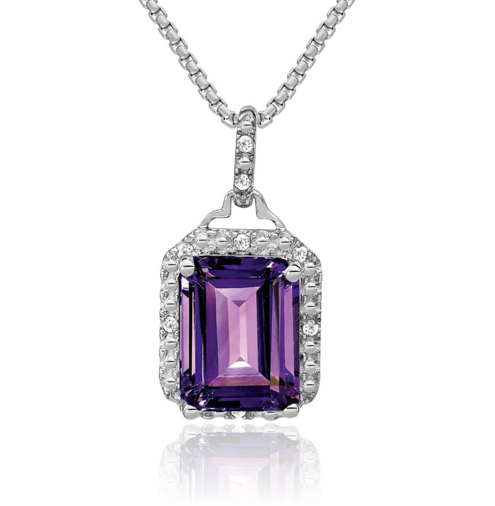 14K Solid White Gold Emerald-Cut Purple Amethyst Diamond Halo Round Necklace Charm Gemstone Pendant