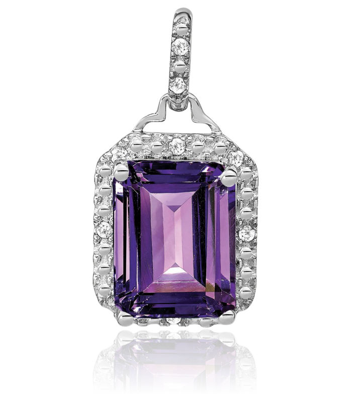 14K Solid White Gold Emerald-Cut Purple Amethyst Diamond Halo Round Necklace Charm Gemstone Pendant