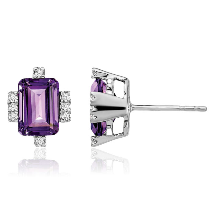 14K Solid White Gold Emerald-Cut Purple Amethyst Diamond Stud Earrings February Birthstone Jewelry