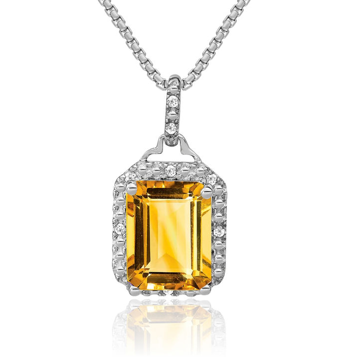 14K Solid White Gold Emerald-Cut Yellow Orange Citrine Diamond Halo Round Necklace Charm Gemstone Pendant