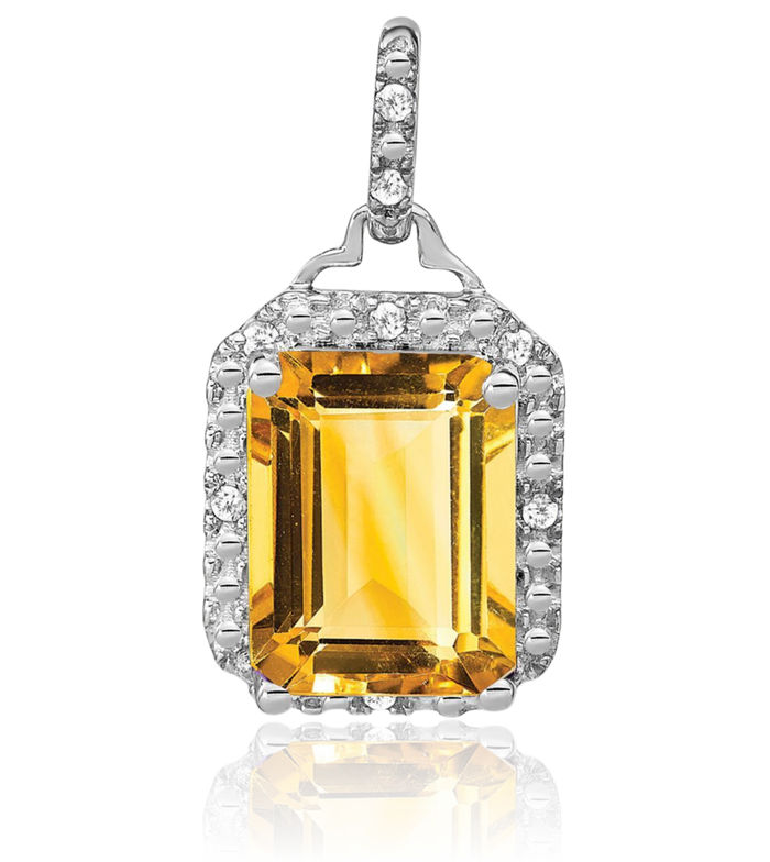 14K Solid White Gold Emerald-Cut Yellow Orange Citrine Diamond Halo Round Necklace Charm Gemstone Pendant