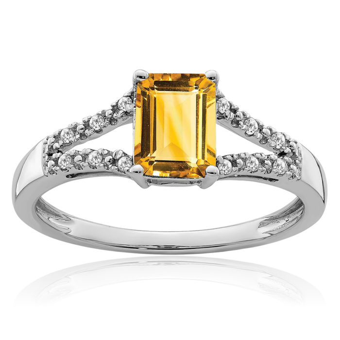 14K Solid White Gold Emerald-Cut Yellow Orange Citrine Diamond Ring Gemstone Band November Birthstone Jewelry