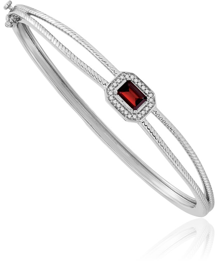 14K Solid White Gold Emerald-Cut Red Garnet Diamond Halo Round Gemstone Bangle Bracelet