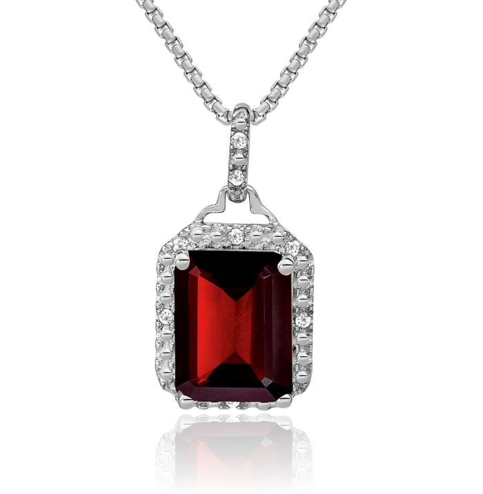 14K Solid White Gold Emerald-Cut Red Garnet Diamond Halo Round Necklace Charm Gemstone Pendant