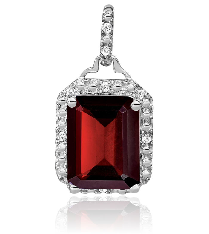 14K Solid White Gold Emerald-Cut Red Garnet Diamond Halo Round Necklace Charm Gemstone Pendant