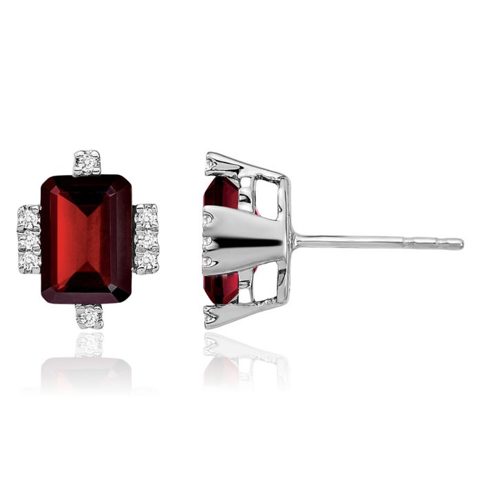 14K Solid White Gold Emerald-Cut Red Garnet Diamond Stud Earrings January Birthstone Jewelry