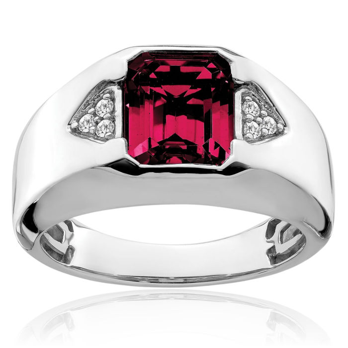 14K Solid White Gold Emerald-Cut Lab Red Ruby Diamond Mens Ring July Birthstone Jewelry