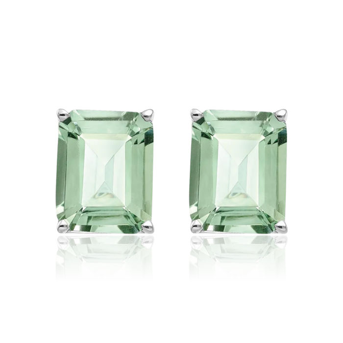 14K Solid White Gold Emerald-Cut Green Quartz Studs Gemstone Solitaire Earrings August Birthstone Jewelry