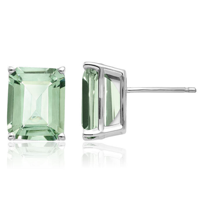 14K Solid White Gold Emerald-Cut Green Quartz Studs Gemstone Solitaire Earrings August Birthstone Jewelry