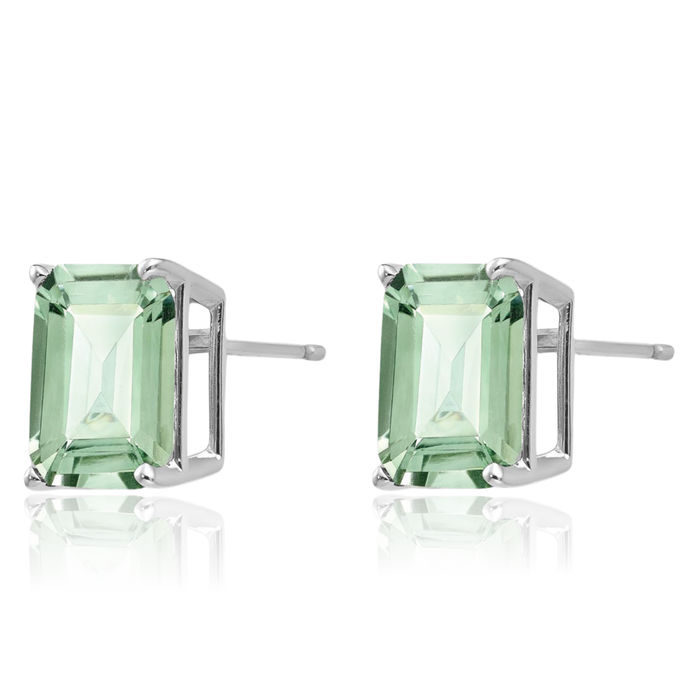 14K Solid White Gold Emerald-Cut Green Quartz Studs Gemstone Solitaire Earrings August Birthstone Jewelry