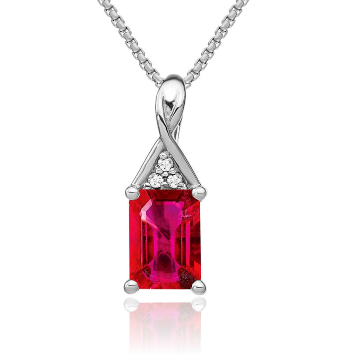 14K Solid White Gold Emerald-Cut Red Ruby Diamond Necklace Charm Gemstone Pendant