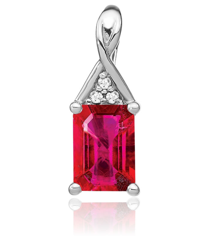14K Solid White Gold Emerald-Cut Red Ruby Diamond Necklace Charm Gemstone Pendant
