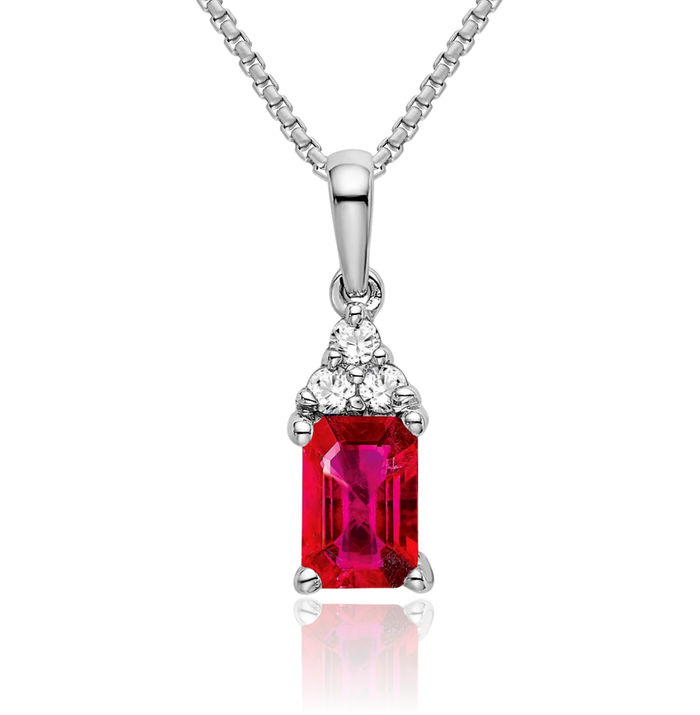 14K Solid White Gold Emerald-Cut Red Ruby Diamond Necklace Charm Gemstone Pendant
