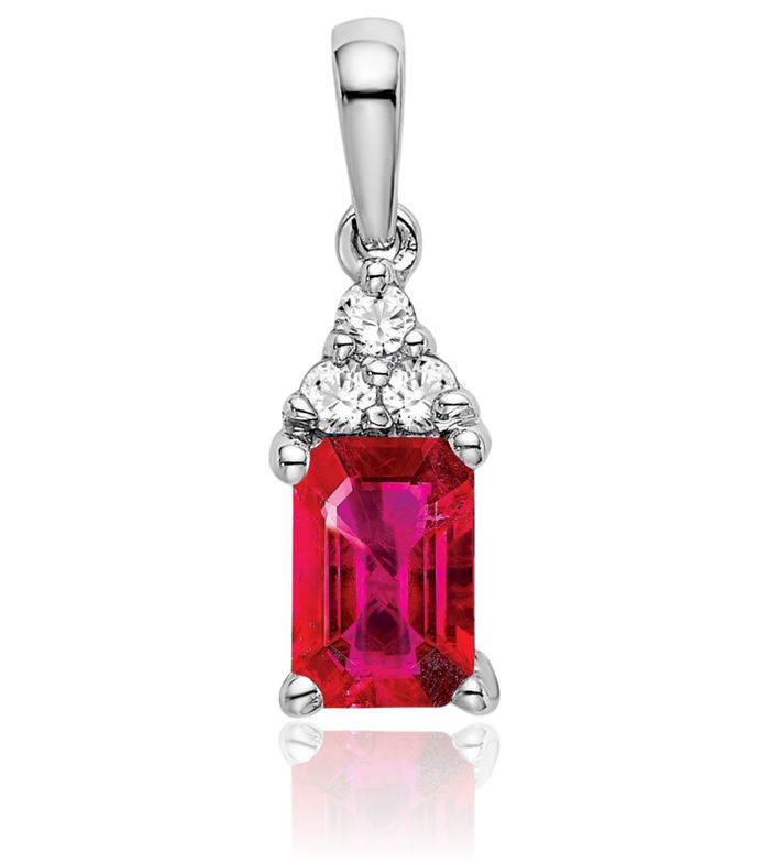 14K Solid White Gold Emerald-Cut Red Ruby Diamond Necklace Charm Gemstone Pendant