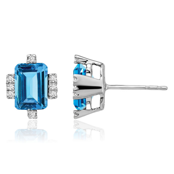 14K Solid White Gold Emerald-Cut Swiss Blue Topaz Diamond Stud Earrings December Birthstone Jewelry