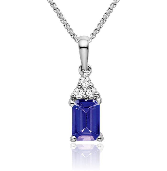 14K Solid White Gold Emerald-Cut Tanzanite Diamond Necklace Charm Gemstone Pendant