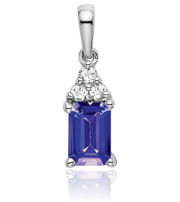 14K Solid White Gold Emerald-Cut Tanzanite Diamond Necklace Charm Gemstone Pendant