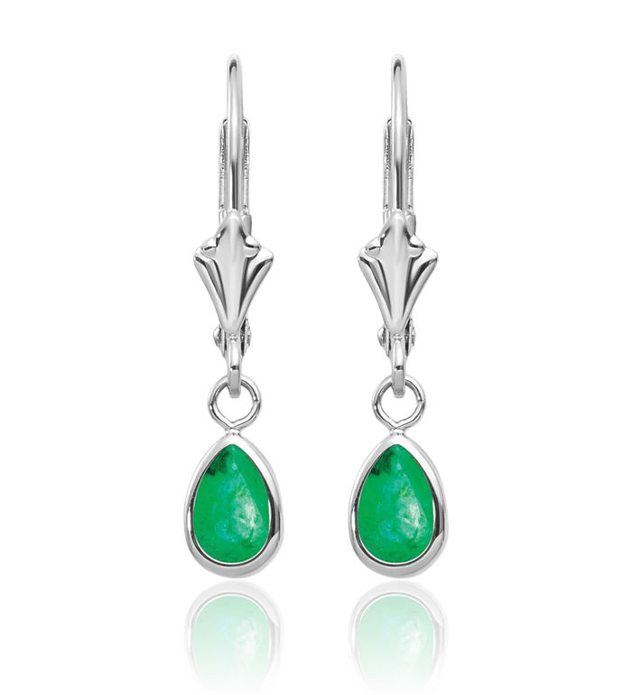 14K Solid White Gold Green Emerald Drop Dangle Earrings Pear Teardrop Gemstone May Birthstone Jewelry