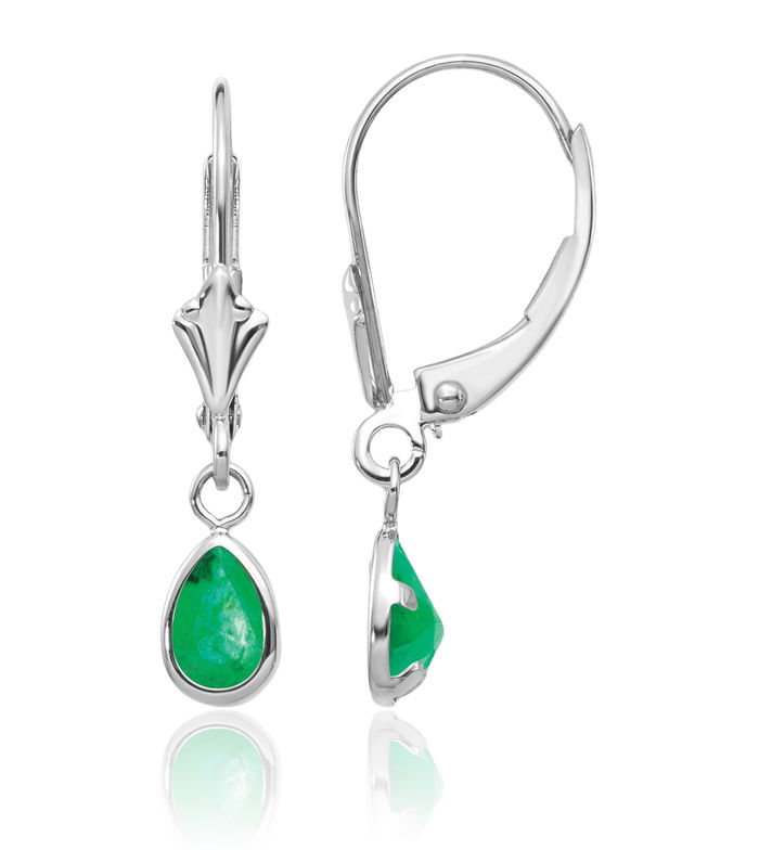 14K Solid White Gold Green Emerald Drop Dangle Earrings Pear Teardrop Gemstone May Birthstone Jewelry