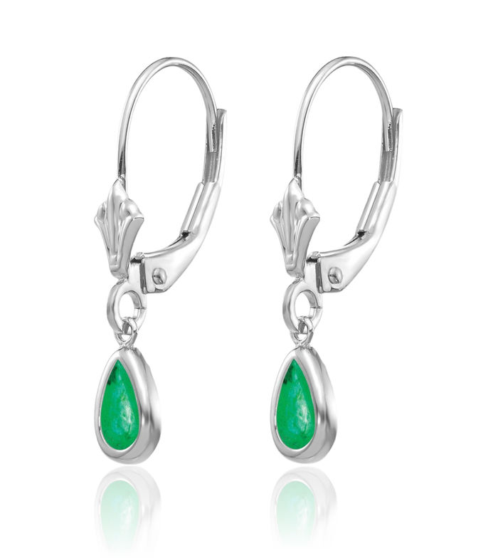 14K Solid White Gold Green Emerald Drop Dangle Earrings Pear Teardrop Gemstone May Birthstone Jewelry