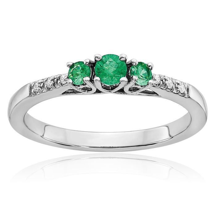 14K Solid White Gold Green Emerald Diamond 3 Stone Ring Gemstone Band May Birthstone Jewelry