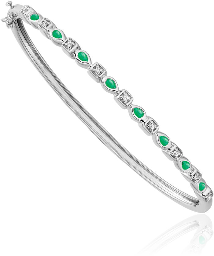 14K Solid White Gold Green Emerald Diamond Gemstone Bangle Bracelet