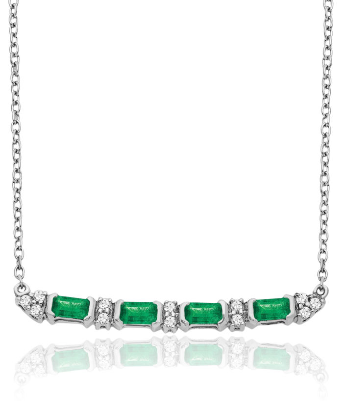 14K Solid White Gold Green Emerald Diamond Bar Chain Necklace Gemstone Pendant Charm