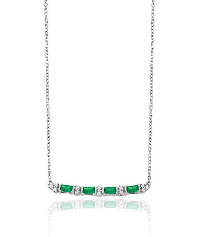 14K Solid White Gold Green Emerald Diamond Bar Chain Necklace Gemstone Pendant Charm