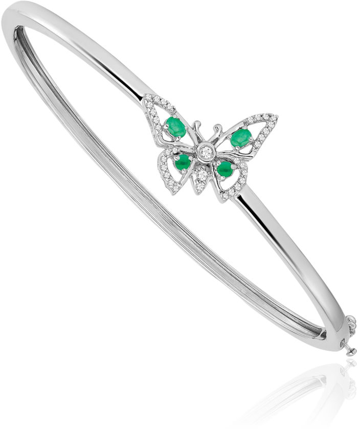 14K Solid White Gold Green Emerald Diamond Butterfly Wings Gemstone Bangle Bracelet