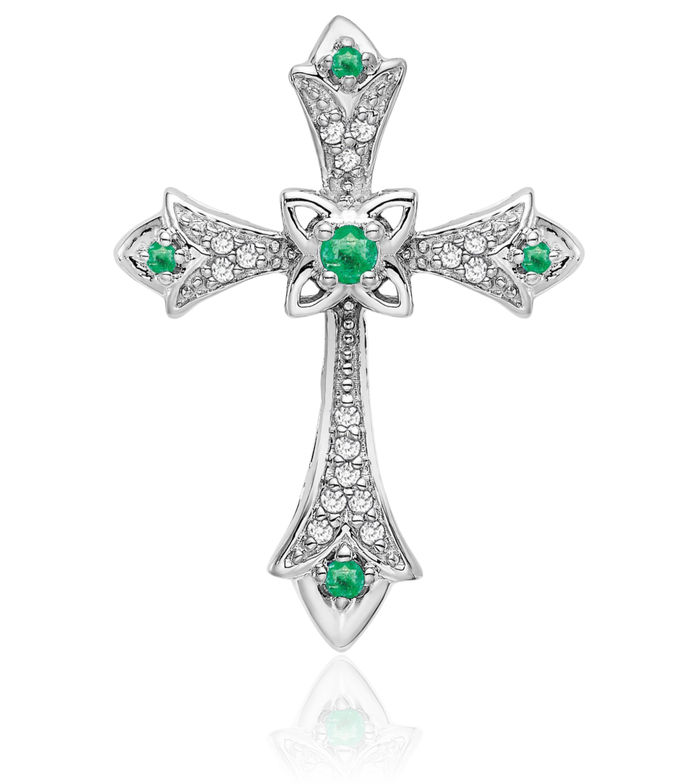 14K Solid White Gold Green Emerald Diamond Fleur De Lis Flower Holy Cross Floating Chain Slide Pendant Necklace Religious Jesus Christ Charm