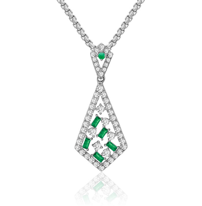 14K Solid White Gold Green Emerald Diamond Floating Chain Slide Gemstone Pendant Necklace Charm