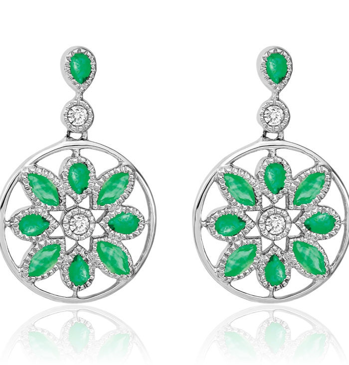 14K Solid White Gold Green Emerald Diamond Flower Drop Dangle Earrings Gemstone Post Push Back May Birthstone Jewelry