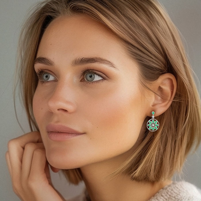 14K Solid White Gold Green Emerald Diamond Flower Drop Dangle Earrings Gemstone Post Push Back May Birthstone Jewelry