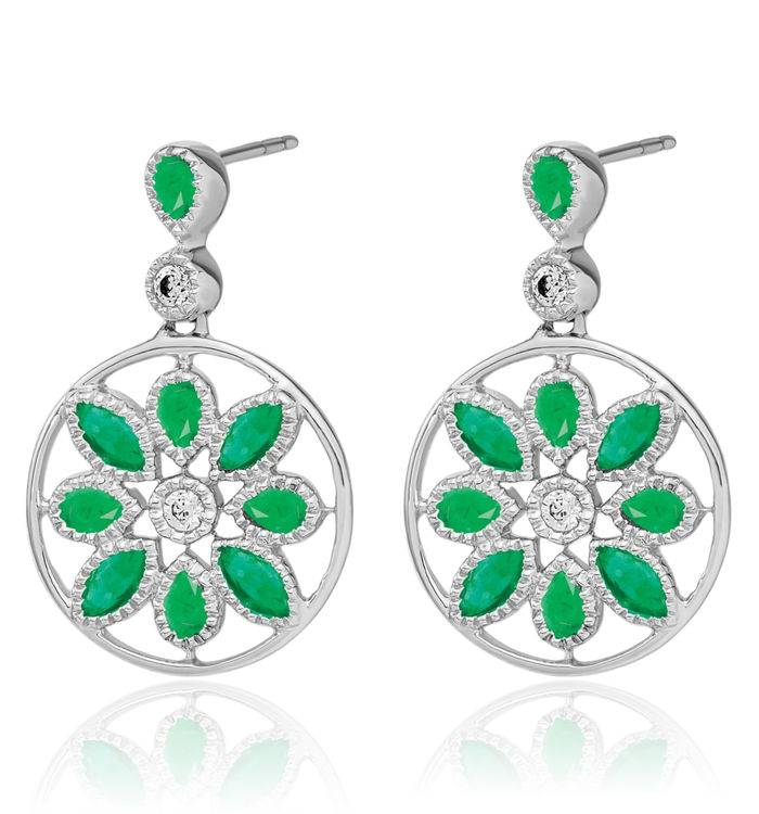 14K Solid White Gold Green Emerald Diamond Flower Drop Dangle Earrings Gemstone Post Push Back May Birthstone Jewelry